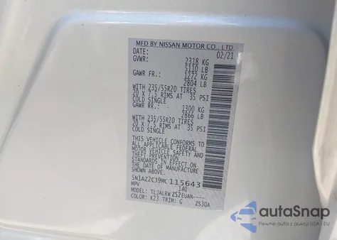 2021 Nissan Murano Sl Fwd z USA, uszkodzony, nr VIN 5N1AZ2CJ9MC115643